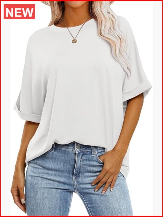 Tops - Oversized Crewneck Short Sleeve T-Shirt Tunic Loose Fit Basic Tee